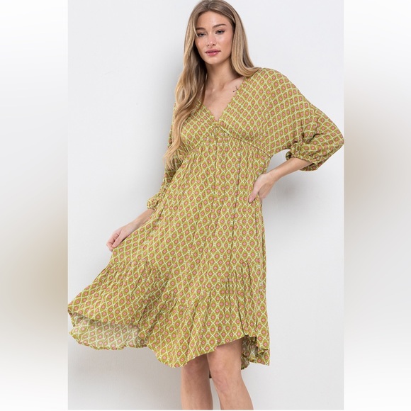 04 Boho V-Neck Woven Print Tiered Midi Dress - Picture 3 of 5